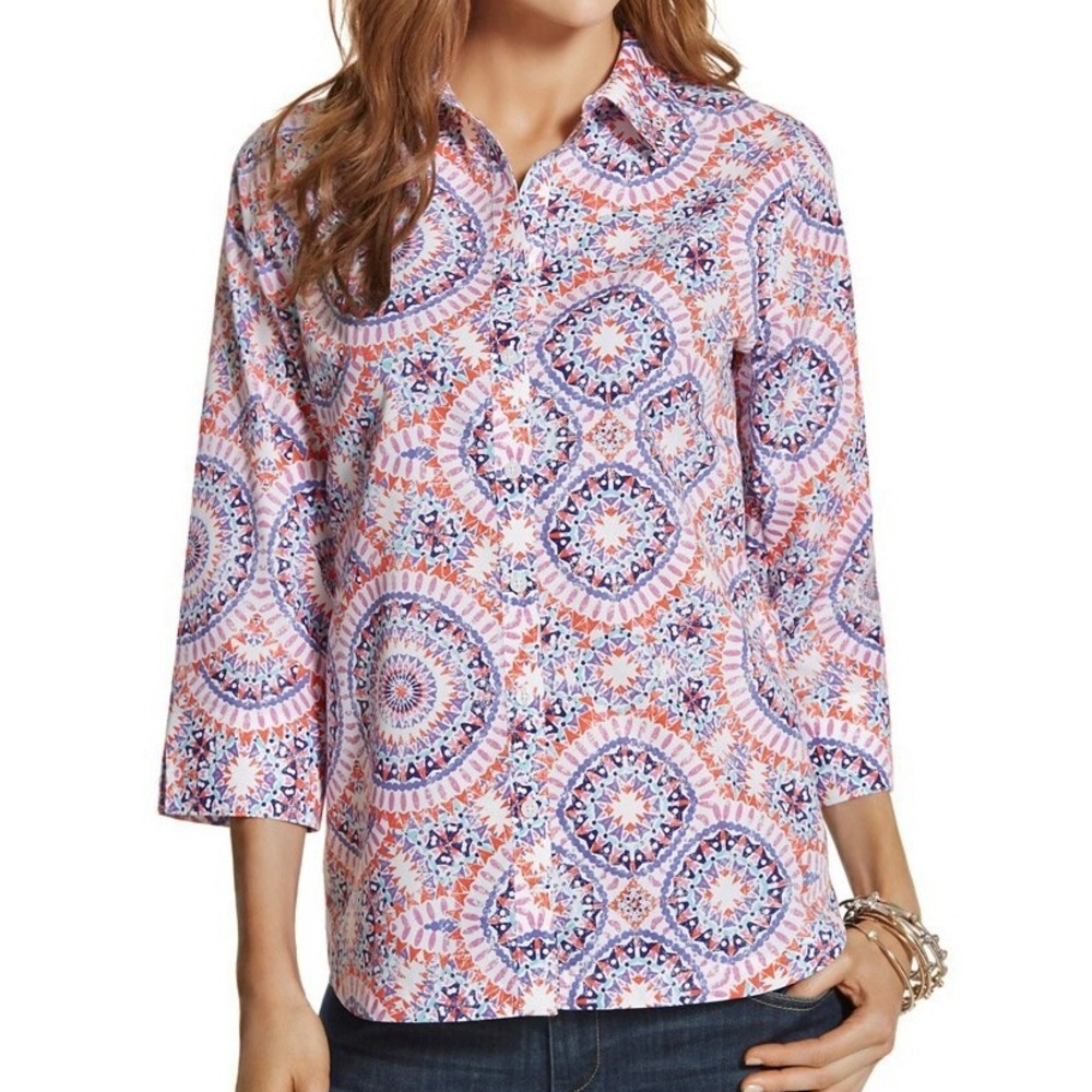 Chico’s Effortless Danise No-Iron Shirt Women’s Sz L Colorful Sunburst Mandala